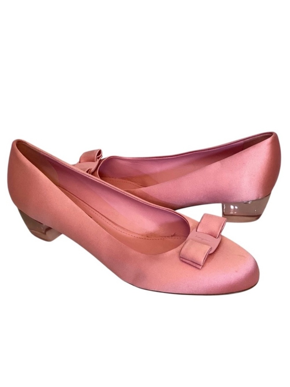 Salvatore Ferragamo 10.5 Satin Bow Pumps Women's Shoes Pink Clear Heels